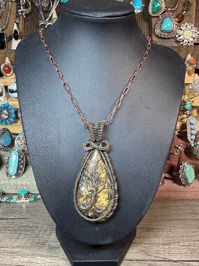 Handcrafted Wire-Wrapped Yellow Brown Teardrop Pendant Necklace